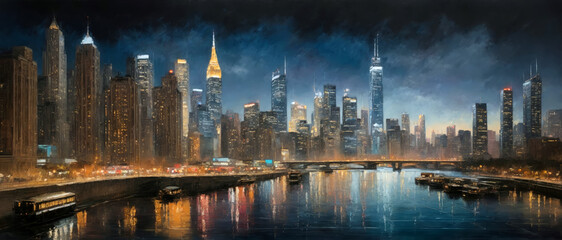 Night cityscape oil painting drawing. A digital artwork with brush strokes. City at night with many lights. Can be used as background or wallpaper.