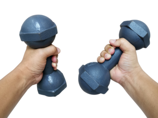 Hand holding black dumbbell, transparent background