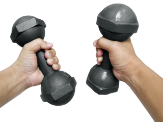 Hand holding black dumbbell, transparent background