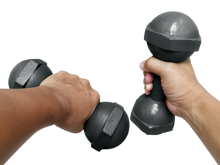 Hand holding black dumbbell, transparent background