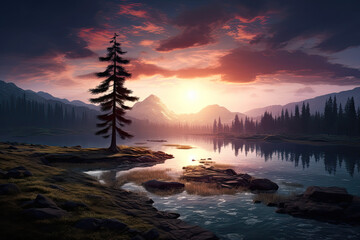 Beautiful lake view with trees and mountains for wallpaper, background and zoom meeting background