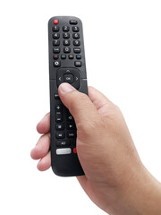 Hand pressing remote control, transparent background