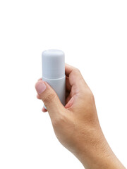 Male hands holding roll-on deodorant for armpits, transparent background