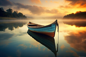 Beautiful landscape view of a lonely boat in a lake for wallpaper, background and zoom meeting background - obrazy, fototapety, plakaty