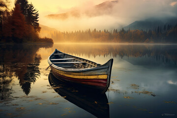 Beautiful landscape view of a lonely boat in a lake for wallpaper, background and zoom meeting background