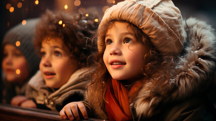 three happy children at the window in winter and sees miracles, waiting for the Christmas holiday and gifts, snow falls and a fairy tale in reality