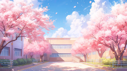 満開の桜と学校のアニメ風イラスト風景 - obrazy, fototapety, plakaty