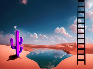 acqua lago nel deserto rosa con cactus e scala immagine fantasia  - obrazy, fototapety, plakaty