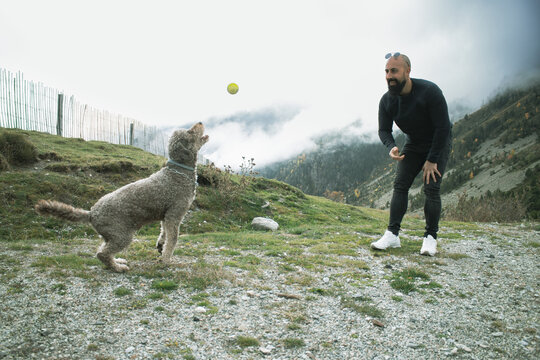 Hombre lanzando una pelota a su perro en un entorno natural. Escena que refleja amistad, diversi&oacute;n y conexi&oacute;n entre humano y animal.