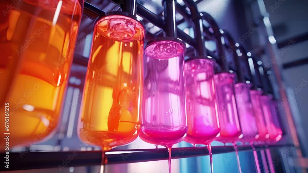 Poster closeup view of a large storage tank filled with colorful liquid soap dyes. the tank has several sma