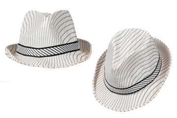 Panama hat style straw hat with black ribbon isolated on white background, straw hat for woman and man head protection iamge