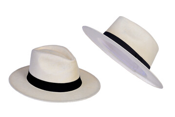 Panama hat style straw hat with black ribbon isolated on white background, straw hat for woman and man head protection iamge