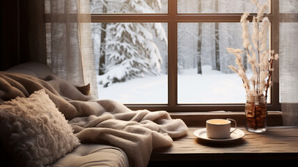 A warm room with a cup of coffee and a snug blanket on a winter day