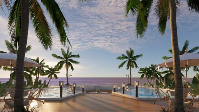 Teak wood tiles with pool and deck chairs. Park with trees and green grass with sea view. 3D Rendering animations