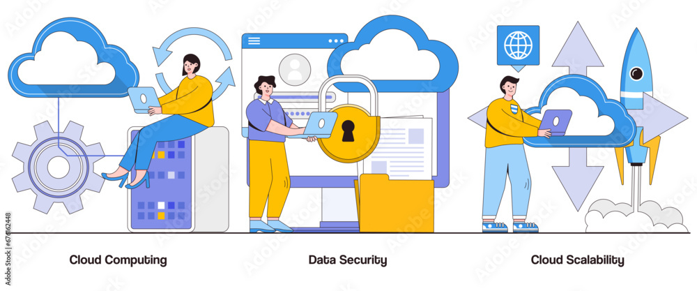 Poster cloud computing, data security, cloud scalability concept with character. business cloud abstract ve