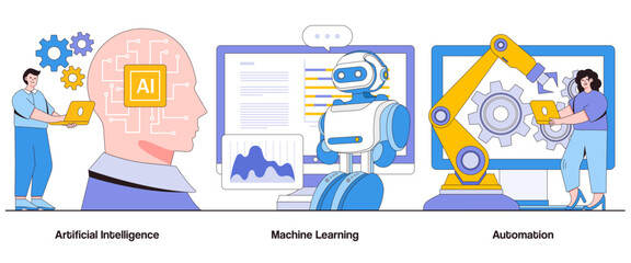 Artificial intelligence, machine learning, automation concept with character. Business efficiency abstract vector illustration set. Smart algorithms, data analytics, decision-making automation