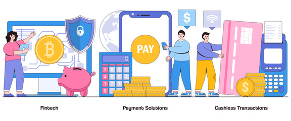 Fintech, payment solutions, cashless transactions concept with character. Business financial inclusion abstract vector illustration set. Mobile banking, digital wallets, payment revolution metaphor