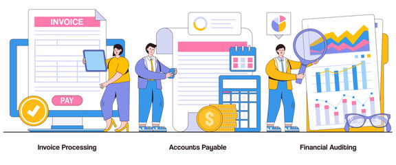 Invoice processing, accounts payable, financial auditing concept with character. Financial transparency abstract vector illustration set. Invoice verification, financial scrutiny, audit trail