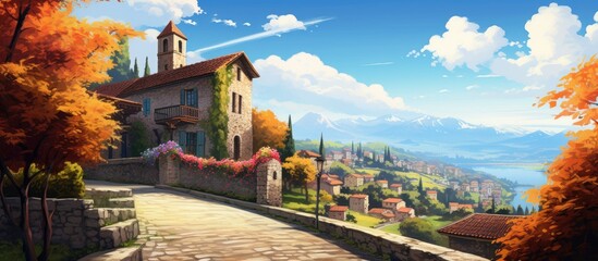 In the old city of Europe a charming stone house with traditional architecture stands tall amidst a picturesque summer landscape overlooking a winding road and a vibrant street filled with 