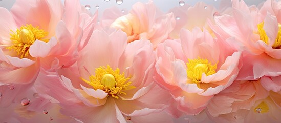 In the natural background an abstract floral arrangement of pink and yellow flowers with delicate petals blossoms under the gentle raindrops creating a beautiful abstraction of a peony s st - obrazy, fototapety, plakaty