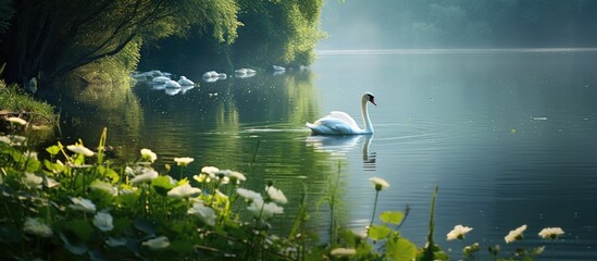 In the serene beauty of nature the lush green grass embraces the sparkling clear water of the pristine white lake where graceful swans gracefully swim alongside wild birds creating a mesmer - obrazy, fototapety, plakaty