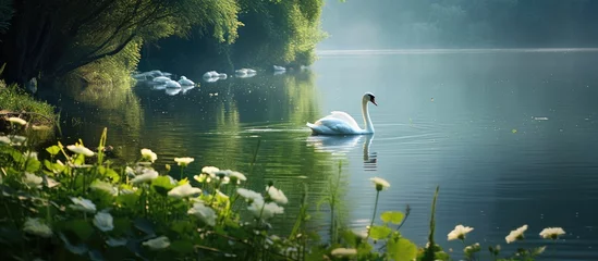  In the serene beauty of nature the lush green grass embraces the sparkling clear water of the pristine white lake where graceful swans gracefully swim alongside wild birds creating a mesmer © TheWaterMeloonProjec
