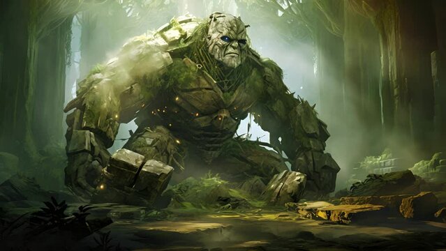 An ancient stone golem slowly lumbers through a murky swamp seemingly searching for soing forgotten in the depths of time.