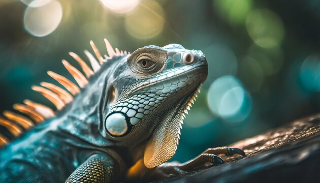 Hermosa iguana posando en la rama de un árbol de un bosque tropical, mirando al lente de la cámara con luz natural