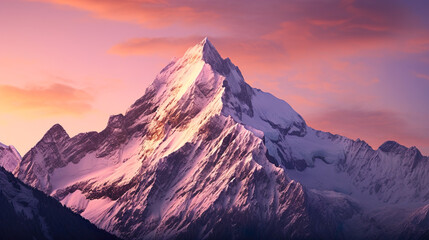 夕日に染まる美しい雪山の風景