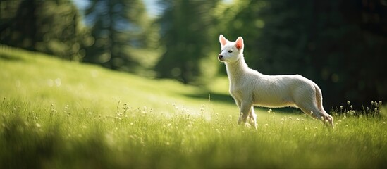 In the peaceful park surrounded by a lush green landscape a cute white mammal frolics in the sunny summer background of a pristine nature field