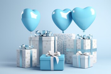 Heart shaped balloons and gift boxes flying on blue background for birthday and fathers day