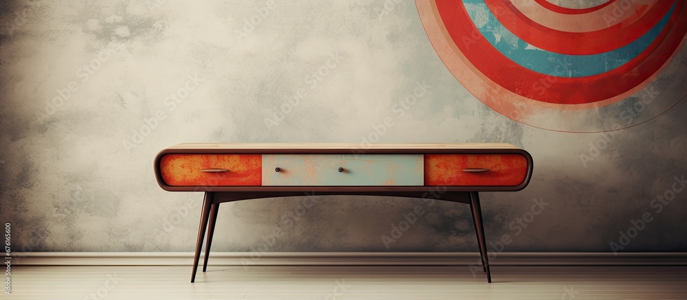 Poster The vintage table with a white background is adorned with an abstract geometric pattern in a retro grunge design creating an eye catching illustration of texture and line that complements th