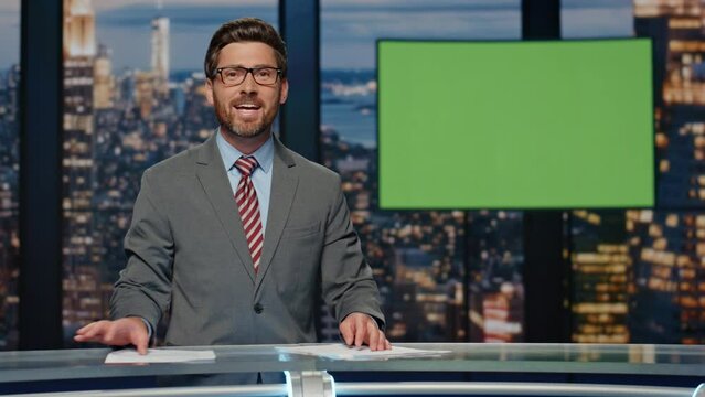 Television presenter point green screen talk evening news. Man ending newscast
