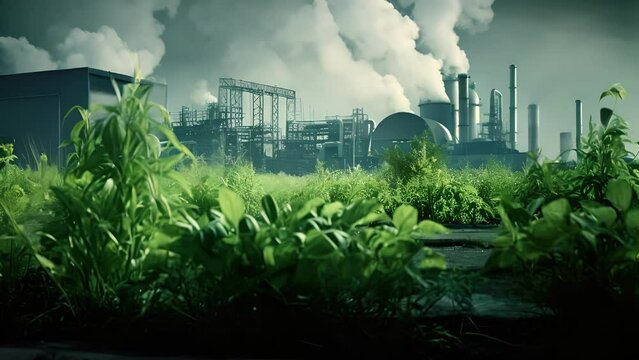 Green plants capturing carbon dioxide in front of an industrial backdrop, encapsulating the harmony between nature and industry.