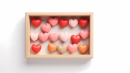 Naklejka na ściany i meble Valentine’s Day concept: bird-eye view of a wooden box with pestle color hearts inside, isolated blank background for copy space