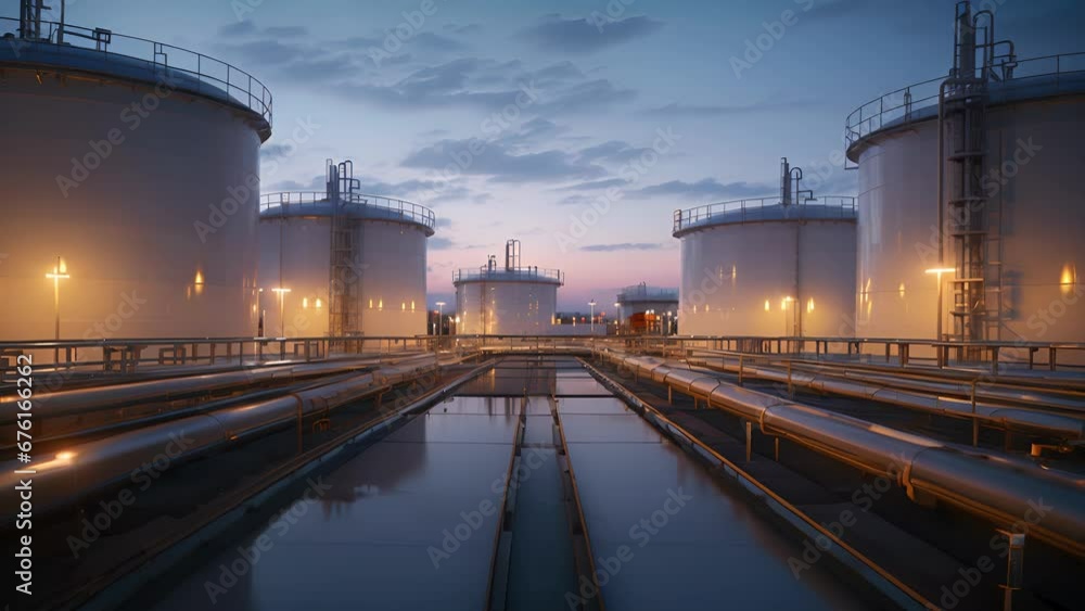 Poster detailed image of a storage facility for the finished biodiesel, showing rows of large tanks with ti