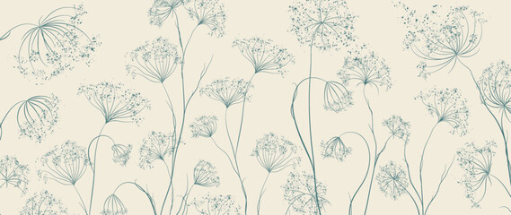 Light art background with blue or green plants, grass, flowers hand drawn in line style. Botanical wallpaper for interior decor, banner, print, textile, packaging
