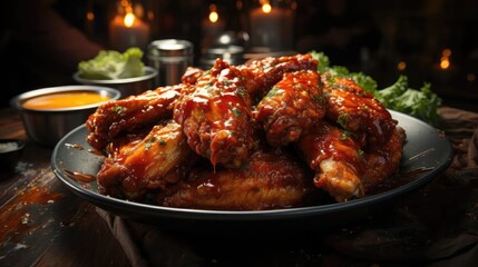 Fototapeta premium Buffalo wings with melted hot sauce on a wooden table with a blurred background