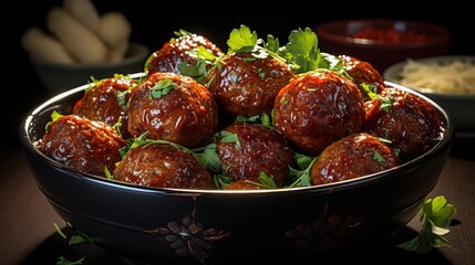 meatballs with melted tomato sauce on a bowl with a black and blur background