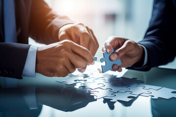 Businessman connecting two jigsaw puzzle pieces. Business solutions concept. Generative ai