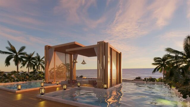Teak wood tiles with pool and deck chairs. Park with trees and green grass with sea view. 3D Rendering animations
