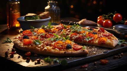 full pizza with vegetables and meat on wooden table with blur background