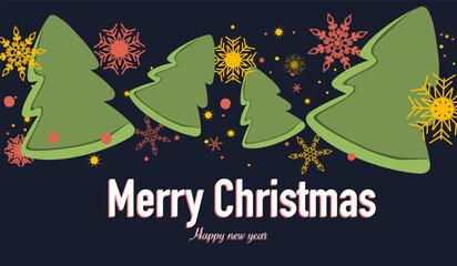 Christmas greetings card banner with snowflakes and Christmas trees © sopon