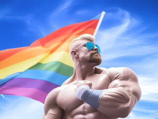 Prideful Strength: Muscular Man Waving Pride Flag - obrazy, fototapety, plakaty
