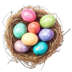 Fototapeta premium Hand colored Easter eggs inside a nest isolated on white background