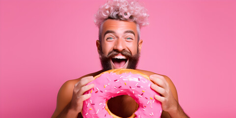 Young Man Holding a Donut with Pink Glaze on a Pink Background: Funny Scene, copy space