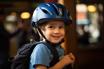 Close-up portrait of a little boy wearing a blue bicycle helmet, safety first