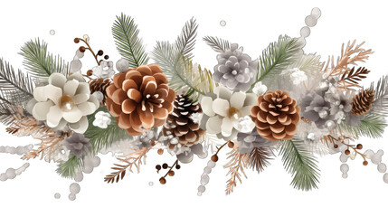 Christmas tree garland with fir branches pine cones and baubles ornaments isolated on white background