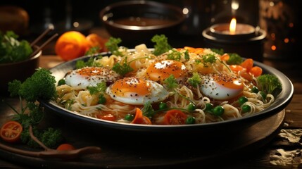 Delicious ramen noodles with egg topping on top, blur background