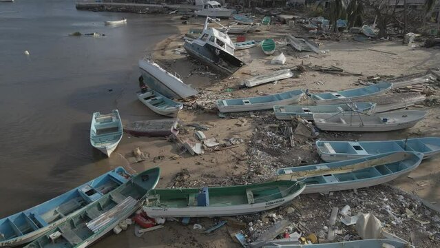 Aerial shot of the Marina and Yacht Club in Acapuclo, Mexico, a few days after Hurricane Otis.